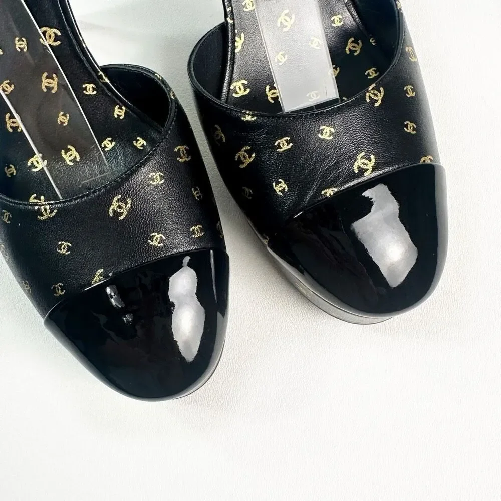CHANEL 2023 All Over Interlocking CC Logo Black Heels Size 38 Platform Cap Toe
